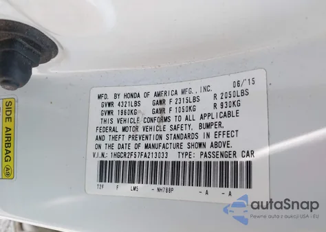 2015 Honda Accord Sport z USA, uszkodzony, nr VIN 1HGCR2F57FA213033